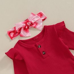 Clothing Sets Born Baby Girls Valentines Day Outfit Long Sleeve Romper Heart Print Flare Pants Headband Spring Clothes