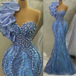 2024 Maj Aso Ebi One Shoulder Prom Dress Pearls Mermaid Sequined Lace Evening Formal Party Second Reception Födelsedagsengagemang Klänningar Robe de Soiree