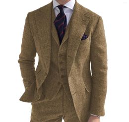 Men's Suits Brown Wool Woker Suit Formal 3 Pieces Slim Fit Shawl Lapel Tweed Prom Tuxedos For Wedding Groomsmen (Blazer Vest Pants)