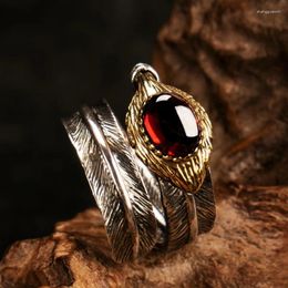 Cluster Rings S925 Silver Retro Single Thai Ring Red Agate Feather Open Personality Domineering