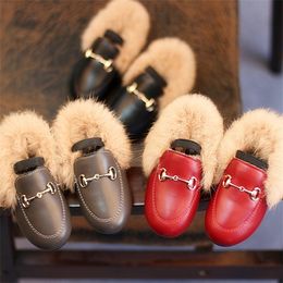 Sneakers Winter Kids Shoes Plush Fur Girl Princess Leather Warm Toddlers Baby Girls Loafers Fashion Casucal Flats 21-37 Black Red 221122