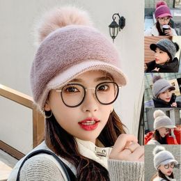 Women Winter Thick Warm Fuzzy Knit Beanie Cap with Visor Bill Cute Pompom Cold Weather Windproof Skullies Baseball Cap293z