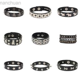 Bangle Hot Punk Star Goth Bat Skeleton Wrap Bracelet Women Men Skull Harajuku Black PU Leather Chain Bracelet Bangles Halloween Jewelry ldd240312