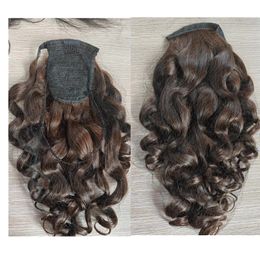 Long high dark brown wavy Clip in Ponytail Hair Extension hairpiece real Human Hair Wrap Around 140G Pony Tail Hair Piece Body wave color 2