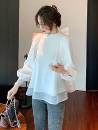 Women's Blouses Shirts Elegant Long Sle White Blouse Women Korean Vintage Chiffon Puff Top With Bow Ties Loose Youth Clothes Pretty Tees 2023 NewL24312