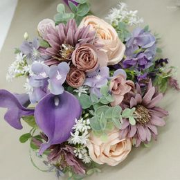 Wedding Flowers 28X26cm Bridal Bouquet Home Floral Purple Calla Champagne Rose Simulation Flower Bundle Handheld 607