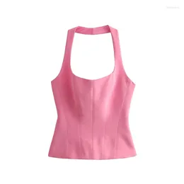 Women's Tanks Woman Sweet Pink Slim Halter Tank 2024 Spring Girls Y2K Backless Female Elegant Solid Strapless Party Tops