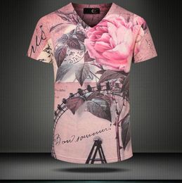 w1209 2015 new summer vintage short sleeve v neck 3d t shirt men brand casual punk floral print cotton tops tees Mens Clothing4615975