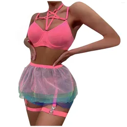 Bras Sets Women'S Desire Girl Lace Sling Heavy Craft Colourful Mesh Skirt Fun Underwear Set Sexy Babydoll Dress Transparent Lingerie