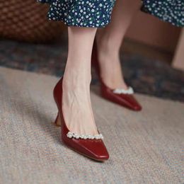 Dress Shoes Women's Summer Footwear On Heeled For Woman 2024 Pearl Red Pumps High Heels Stilito Square Toe Wedding Bride Shoe A Sale E