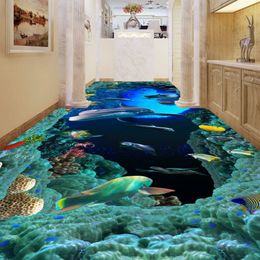 Custom 3D Floor Wallpaper Modern Art River Stones Bathroom Floor Mural The hole in the dolphins PVC Self-adhesive Wallpaper Waterp325p