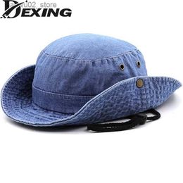 Wide Brim Hats Bucket Hats 2022 Blue Cowboy Bucket Hat with String Men Denim Beach Sun Hat for Women Outdoor Hiking Couple Bob Panama Summer Fisherman Hat Q240312