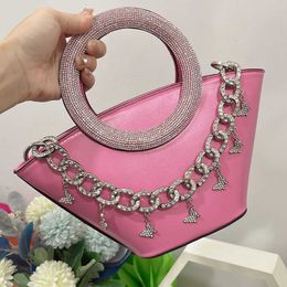 2024 Tote Bag Bring Diamond Inlaid Round Handle Handheld Basket Bag Super Sparkling Water Diamond Bucket Bag Shoulder Crossbody Bag 240315