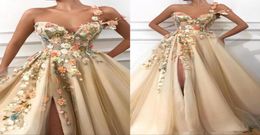 2019 Champagne One Shoulder Long Evening Dresses 3D Floral Lace Applique Beaded Split Floor Length Prom Gowns Formal Party Dresses5531061