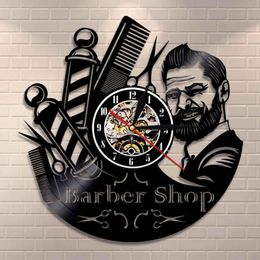 Barber Shop Sign Wall Clock Barbers Pole Vinyl Record Wall Clock Hair Salon Stylist Hair Tools Scissors Barber Shop Artwork Gift Y214d