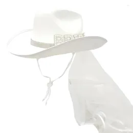 Berets Bride Cowboy Hat With Veil Wide Brim Cowgirl Wedding Party Props Bachelorette Letter Hats For Bridal Female