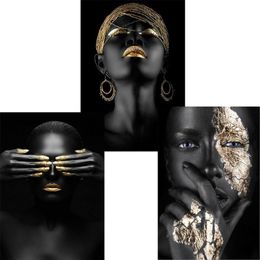 Paintings 1PC African Black Gold Modern Woman Wall Art Portrait Scandinavian Canvas Print Oil Painting Poster Picture Home Office 313Z