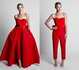 Krikor Jabotian Red Women Jumpsuits 2019 Prom Dresses Sweetheart Satin Bow Sash Evening Gowns With Detachable Train Long Part Dres9635918