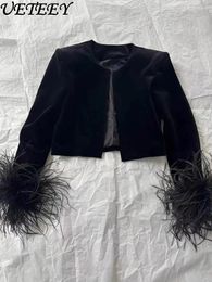 Women's Jackets Spring And Autumn Round Neck Long Sleeve Ostrich Feather Decorative Black Coat Velvet Fabric Temperament Short Jacket