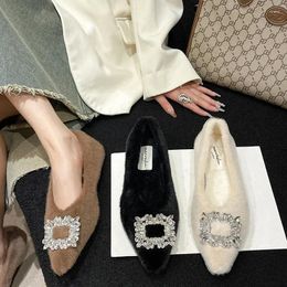 Fur 190 Women Casual Shoes Cotton Autumn Fashion Rhinestone Buckle Flats Winter Slip on Warm Loafers Ladies Pointed Toe Furry Mocasines Ry