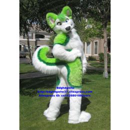 Mascot Costumes Green White Long Fur Furry Wolf Fox Husky Dog Fursuit Mascot Costume Adult Suit Character People Wear Company Celebration Zx450