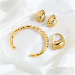 Bangle 18K Gold Plated Jewelry Women Stainless Steel Zircon Pearl Bracelets Water Drop Earrings Chunky Rings Set Delivery Otg02