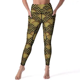 Women's Leggings Gold Seigaiha Yoga Pants With Pockets Japanese Wave Print Sexy High Waist Casual Sport Legging Elastic Printed