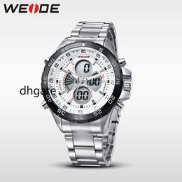 WEIDE Silver Stainless Steel Bracelect Mens Waterproof Analog Digital Auto Date Quartz Watches Male Top Brand