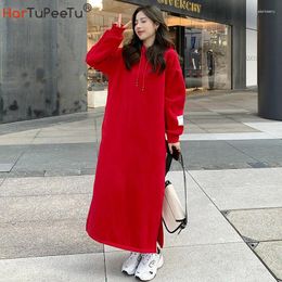 Women's Hoodies Loose Red Hoodie Dress Women Autumn Winter 2024 Girl X-Long Cotton Pullover Warm Fleece Lining Lace-Up Split Casual