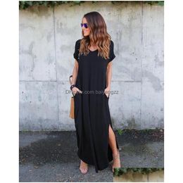 Basic Casual Dresses 5Xl Women Summer Solid Short Sleeve Maxi Y2K Dress Long Loose Beach Sundress T Shirt Lady Drop Delivery Appar Dhjdp