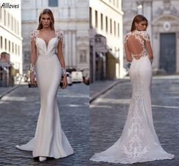 Anmutige, mit Spitze applizierte Meerjungfrau-Hochzeitskleider mit Illusions-Langärmeln, Boho-Garten-Brautkleider, Sweep-Zug, sexy, rückenfrei, Damen-Braut-Roben von Mariee CL3382