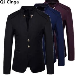 Black Stand Up Collar Blazer Coat Mens Wedding Party Dress Jacket Fashion Slim Fit Single Breasted Jaqueta Navy Blue Wine Red 240306