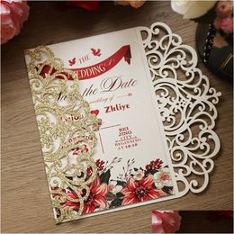 Greeting Cards 100Pcs Champagne Sier Glitter Laser Cut Wedding Invitations With Blank Inner Sheets And Envelopes For Bridal Shower D Dhszx