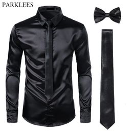 Black Mens Silk Dress Shirts 3PcsShirt TieBowtie Smooth Satin Shirt Men Slim Fit Party Prom Casual Shirts Men Social Camisa 240307