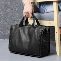 Genuine Leather Mens Bag Business Shoulder Mens Bags Laptop Sheepskin Briefcase Handbags Woven Crossbody Shoulder Bags Mens Leather Bag