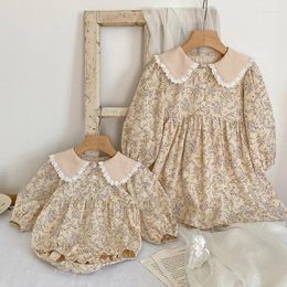 Girl Dresses European American Style Autumn Spring Sister Dress Kids Princess Baby Girls Rompers Long Sleeved Cotton Floral Printing