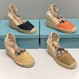 designer sandals espadrilles wedges sandals women wedge sandals summer shoes Linen sandals high heels ankle strap black platform shoes with box 536