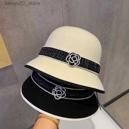 Wide Brim Hats Bucket Hats Elegant little fragrance White black Camellia fedora Pearl ribbon % wool felt floppy Ladies Wedding Church hat pie felt hat Q240312