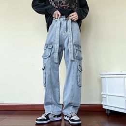 Men Cargo Jeans Wide Leg Pants Multiple Pockets Baggy Denim Trousers Hip Hop Streetwear Skateboard Neutral Male Clothes 240304