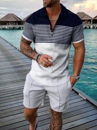 Men's Tracksuits Tracksuit Short Sleeve Zipper Polo Shirt&Shorts T-shirts Set For Men Casual Streetwear 2-piece Suit 2024 Summer