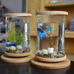 1PCS Mini Glass Bamboo Base Tank Rotate Decoration Fish Bowl Ecological Bottle Aquarium Accessories250u