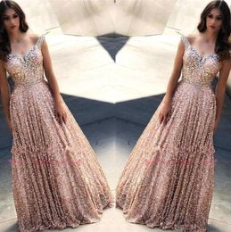 2020 Rose Gold Sequins Prom Dresses Crystals Sparkly Gillter Beaded Straps Floor Length Custom Made Plus Size Evening Party Gowns 1389353