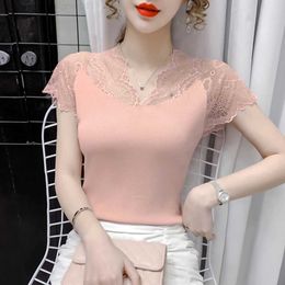 Women's T-Shirt New Women Lace Blouse Floral Short Sle Shirt Fe Bottoming Blouses S-3XL Cheaper Tops Kaii T Shirt Black White Cyan Pink L24312