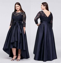 Navy Blue Plus Size High Low Formal Dresses With Half Sleeves Sheer Jewel Neck Lace Evening Gowns ALine Cheap Short Prom Dress SD1825054