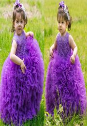 New Purple Pink Toddler Girl039s Pageant Dresses Sheer Crew Neck Lace Appliques Ball Gown Princess Cute Baby Girls Flower Girl 2225957