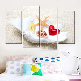 4 Panels Drop Unframed Beach Sea Shells Starfish Seascape Canvas Wall Art Painting for Living Room Home Decoration285S