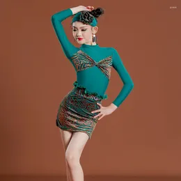 Stage Wear Green Leopard Latin Dance Dress Long Sleeve Bodysuit Skirt Children Salsa Tango ChaCha Rumba Dancing Performance Costume YS4429