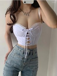 Women's Tanks Summer Fashion Womens White Word Collar Lace Sexy Club Cutout Bandage Slim Short Exposed Navel Camis Bow Tank Tops E230