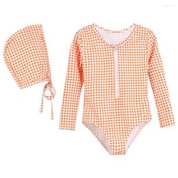 Women's Swimwear Baby Girl One-piece Swimsuit Plaid Long Sleeve Spring Zipper Beach Style Children