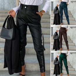 Women's Pants Buttonzipper Clsoure Trousers Stylish Faux Leather Pencil High Waist Slim Fit Multi Pockets Trendy For A